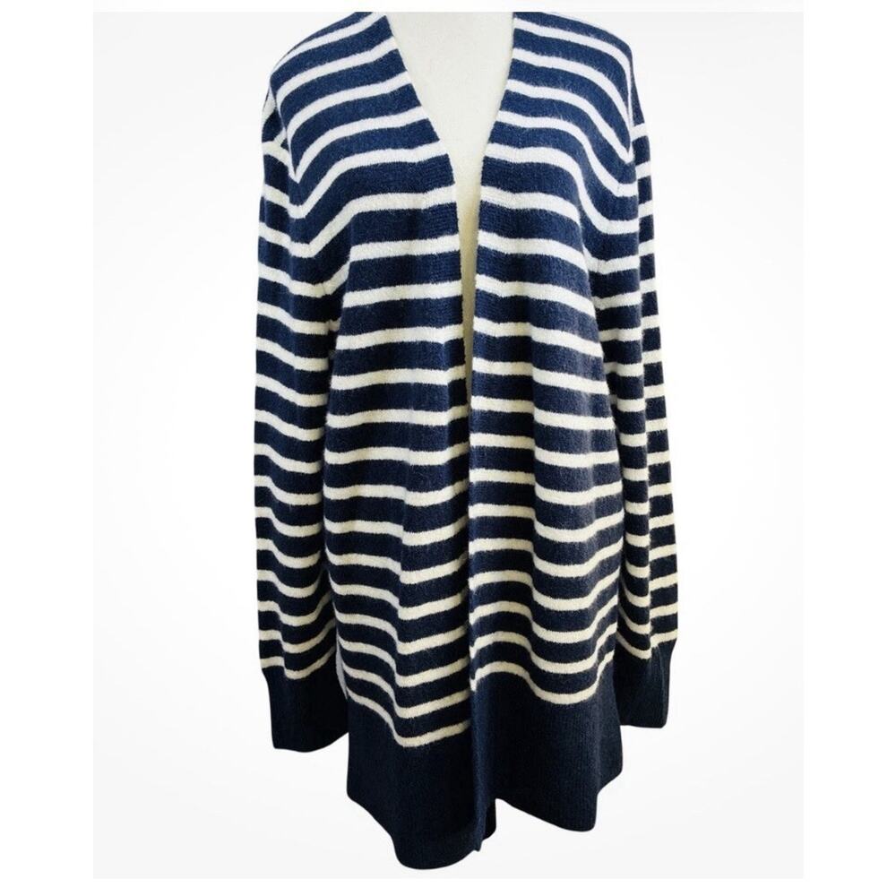 Madewell Striped Wool Alpaca Cardigan Navy Cream Open Front Cozy Sweater L - Picture 2 of 7